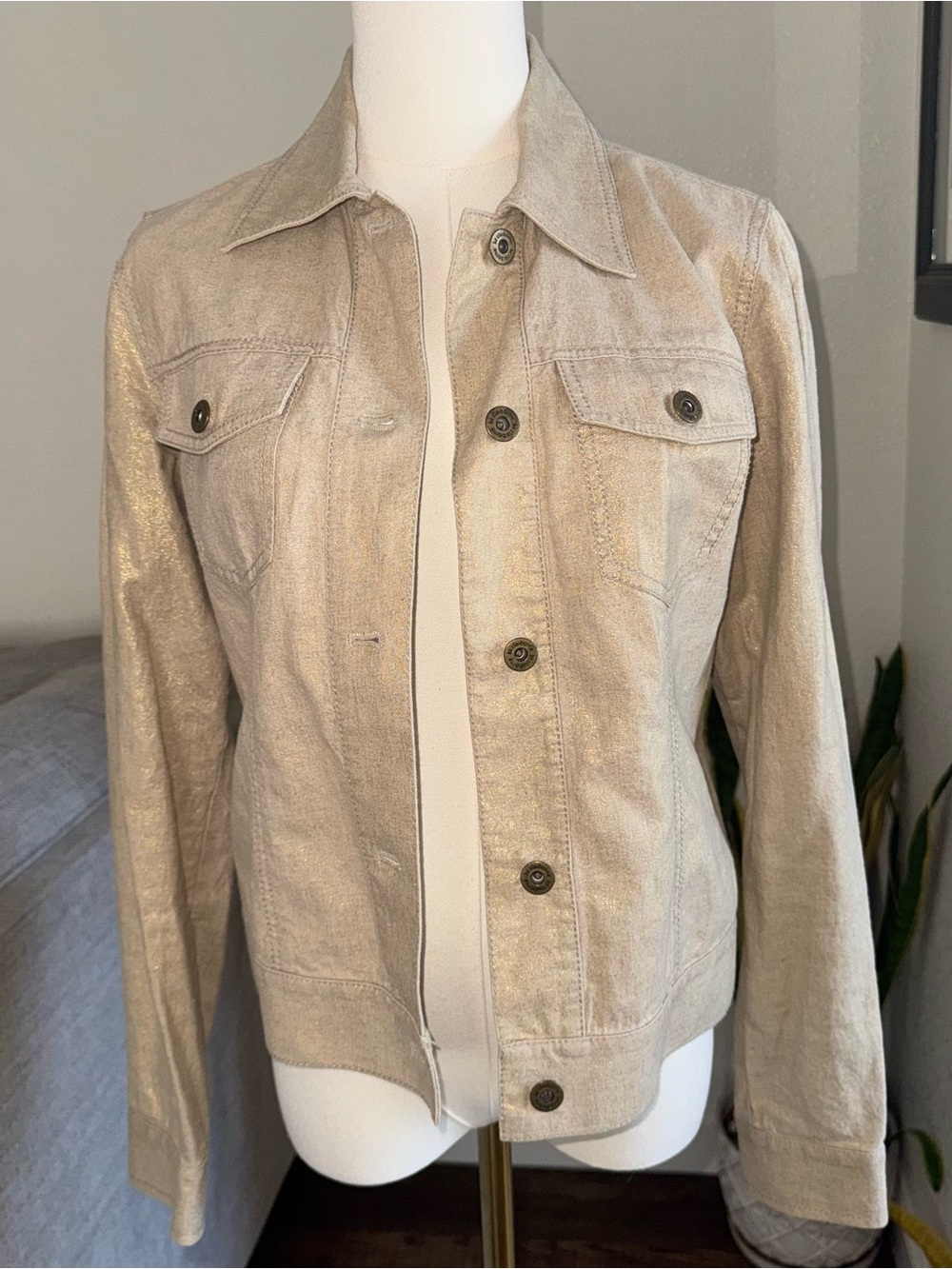 Liz Claiborne Metallic Gold Denim Jacket Small Shimmer Button Cotton Y2K Vintage